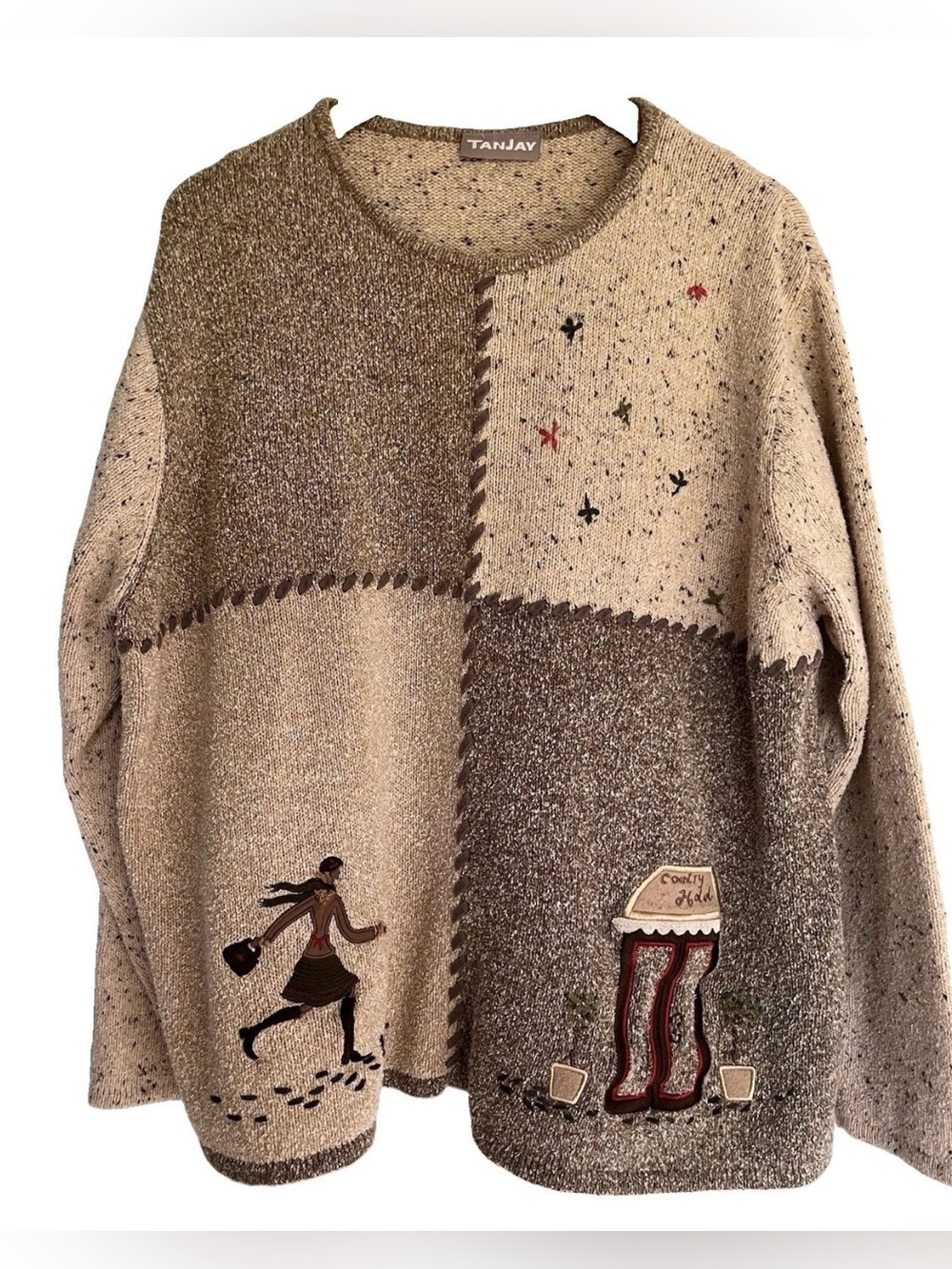 Vintage TanJay Womens L Patchwork Embroidered Sweater Beige Brown
